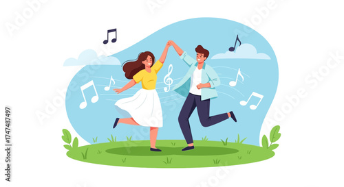 Joyful Couple Dancing to Melodies Under a Bright Sky Depicting Harmony and Romance