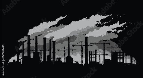A grayscale silhouette depicts an industrial cityscape with smokestacks billowing fumes against a dark backdrop, symbolizing pollution.