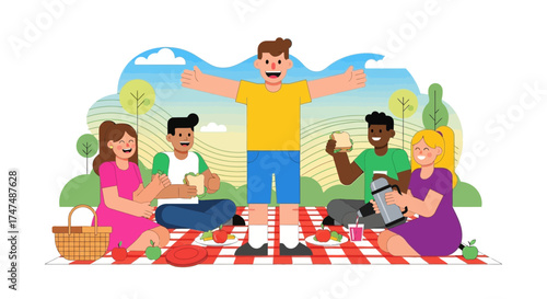 Joyful Gathering Of Friends Enjoying A Picnic Together On A Sunny Day Outdoors