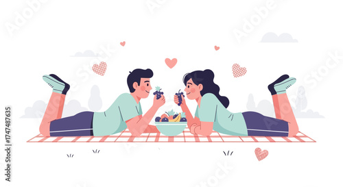 Joyful Couple Enjoying a Romantic Picnic Date with Fresh Fruits and Shared Moments
