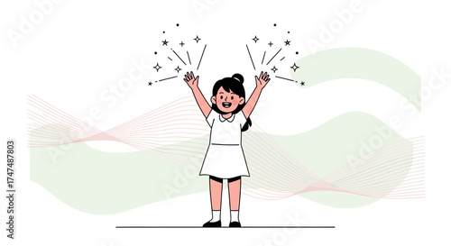 Joyful Girl Celebrates with Sparkling Elements Against A White, Wavy Background