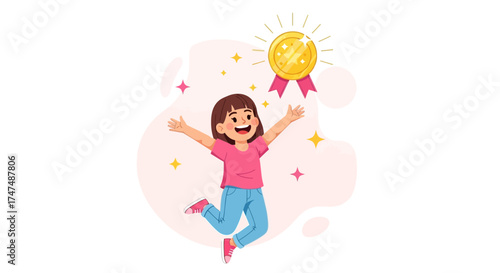Joyful Girl Celebrating Success After Winning Medal with Arms Raised, Feeling Exuberant