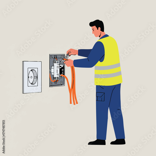 An electrician in a safety vest works on electrical wiring, ensuring safe connections within a wall-mounted junction box for optimal power distribution.