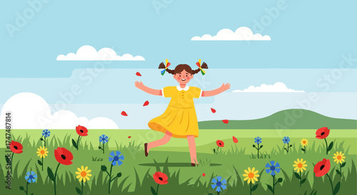 Joyful Girl Dancing And Playing in a Beautiful Flower Meadow under the Blue Sky