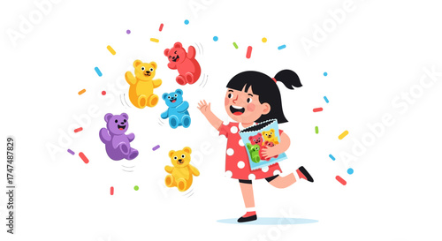 Joyful Girl Delighted By Colorful Gummy Bears and Sweet Treats, Cheerful Illustration