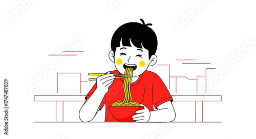 Joyful Eater: Happy Child Enjoying Delicious Noodles With Chopsticks Delicately