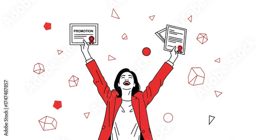 Joyful Employee Celebrating Promotion With Hands Raised, Document Present, Office Success Vector