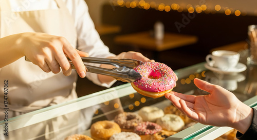 Close-up of a baker's hands using tongs to place a pink frosted donut with sprinkles onto a customer's hand over a display case filled with various donuts and a coffee cup in the background