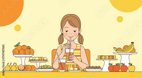 Joyful Girl Drinking Fresh Juice Surrounded By Various Healthy Fruits, Illustrated