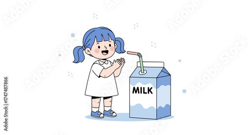 Joyful Elementary School Girl Preparing To Drink From Milk Carton Illustration