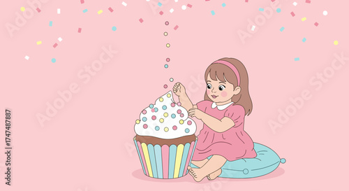 Joyful Girl Embellishing Cupcake with Colorful Sprinkles and Confetti Background