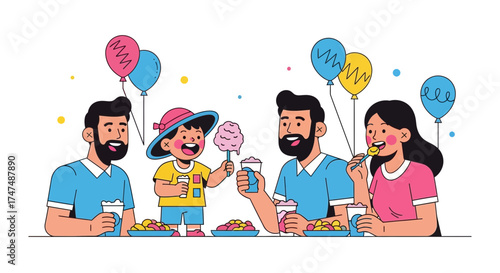 Joyful Family At Carnival, Enjoying Festivities With Balloons And Sweet Treats