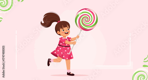 Joyful Girl Enjoying A Giant Lollipop In Her Hand While Running Energetically, Smiling