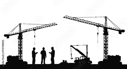 Silhouette of construction workers and cranes, illustrating teamwork and infrastructure development against a bright background.
