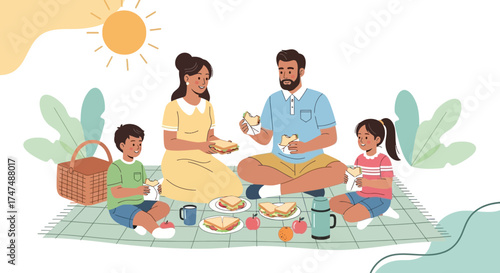 Joyful Family Enjoys A Delightful Outdoor Picnic With Sandwiches And Fruit