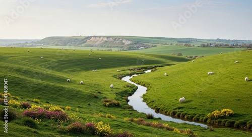 Lush green hills with grazing sheep and a winding stream in the english countryside