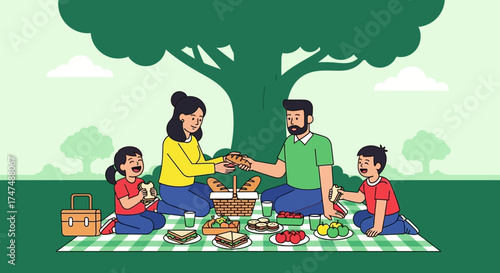 Joyful Family Gathered Under a Grand Tree, Enjoying a Delightful Picnic Outing