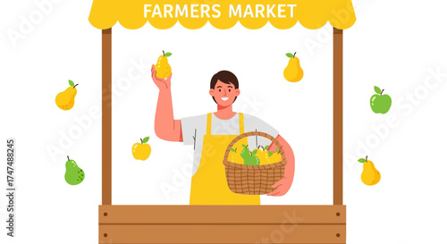 Joyful Farmer Displaying Fresh Produce At A Cheerful Farmers Market Stall