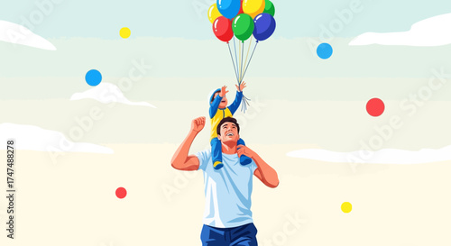 Joyful Father Carrying Child on Shoulders with Balloons Celebrating Happiness