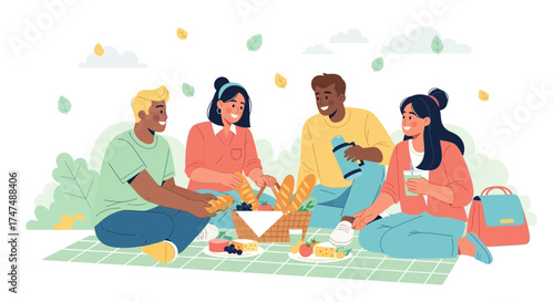 Joyful Friends Enjoying Pleasant Day Together During Picnic At Park For Relaxation