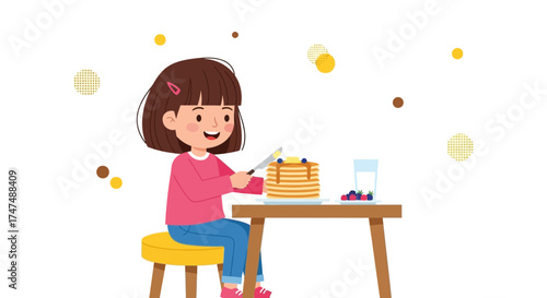 Joyful Girl Preparing Tasty Pancakes with Fresh Berries for Breakfast Meal
