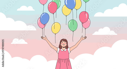 Joyful Girl Releasing Colorful Balloons Into The Pastel Sky Representing Happiness and Freedom