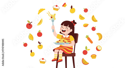 Joyful Girl Relishing Pasta and Fruits, a Colorful and Whimsical Illustration