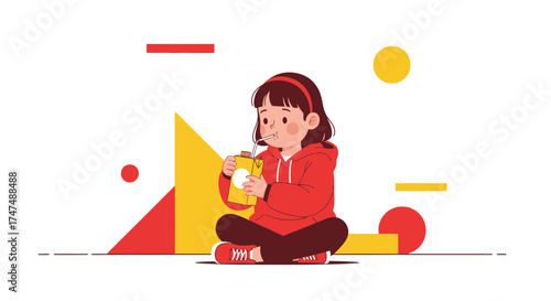 Joyful Girl Savoring Beverage In A Vibrant Geometric Illustration With Bold Colors