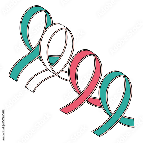 Vector art of awareness ribbon vector illustration of a teal, white and pink ribbon for congenital diaphragmatic hernia or trisomy 18