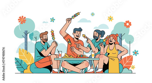 Joyful Gathering: Friends Enjoying a Barbecue Picnic in a Park with Smiling Faces