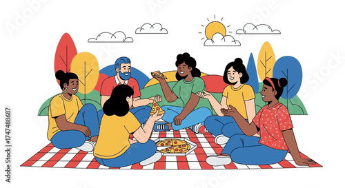 Joyful Gathering: Friends Share Pizza on a Picnic Amidst Nature's Colorful Backdrop