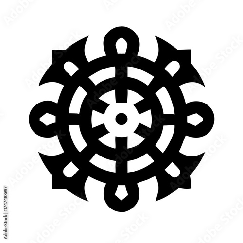Vector art of dharmachakra icon, a symbol representing dharma, buddhas teaching, and the path to enlightenment in buddhism, often depicted as a wheel with varying numbers of spokes