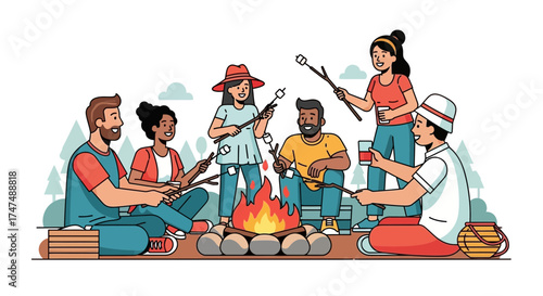 Joyful Group Bonfire Celebration: Illustrative Depiction Of Campfire Gathering With Friends