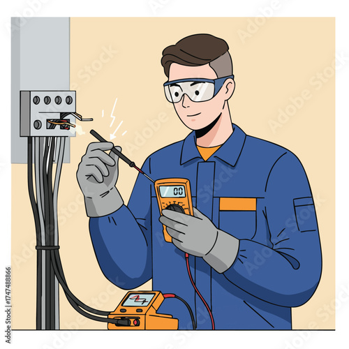 An electrician wearing safety glasses uses a multimeter to test electrical circuits, ensuring safety and accurate voltage readings for maintenance.