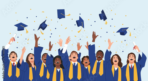 Joyful Graduates Celebrating Success With Triumphant Toss Of Caps After Achieving Diploma