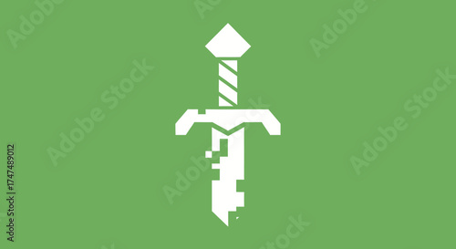 Pixelated sword icon with green background, for gaming or medieval designs, flat lay