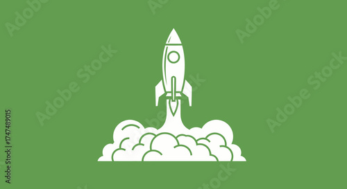 White rocket launch with cloud of smoke on green background for project kickoff and entrepreneurial success ideas