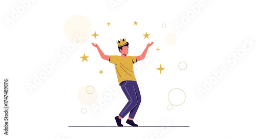 Joyful Icon of a Regal Figure Surrounded by Golden Stars and Bubbles Celebration Graphics