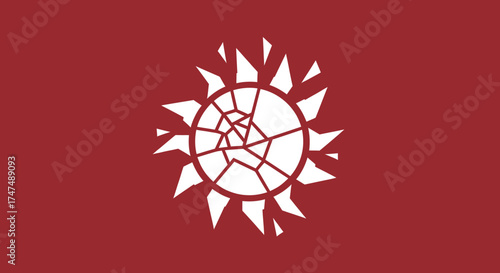Broken sun symbol against a red background, used for conceptual crisis, conflict, or shattered hope illustration