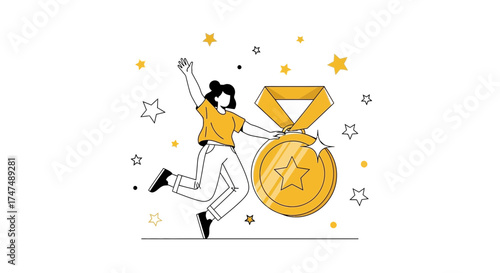 Joyful Individual Embraces Triumph: A Golden Medal Celebration of Success and Achievement