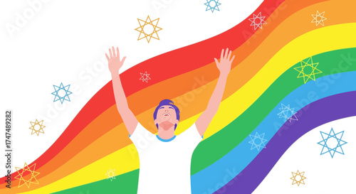 Joyful Individual Raising Arms Beneath Rainbow, Celebrating Hope and Embracing Colorful Dreams