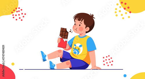 Joyful Kid Eating Delicious Chocolate Bar, Happy Moment, Perfect Enjoyment with Candy