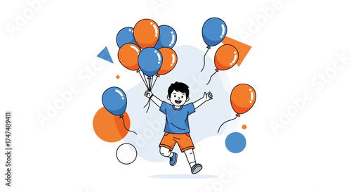 Joyful Kid Celebrating With Balloons, Fun, Happiness, and Festive Colors On White Background