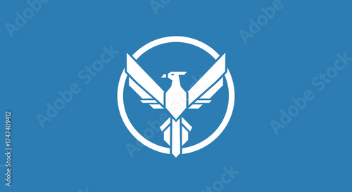 Geometric eagle soars on blue background; vector graphic asset for app, game or project with flat design, minimal elements