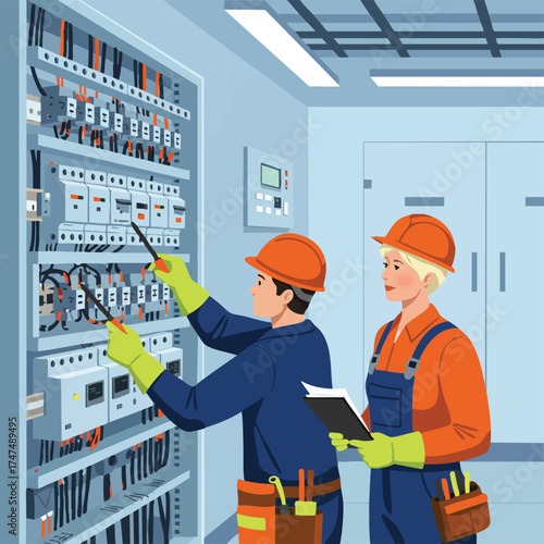 Two electricians examine a complex electrical panel, collaborating to assess and troubleshoot the system's functionality and ensure safety protocols.