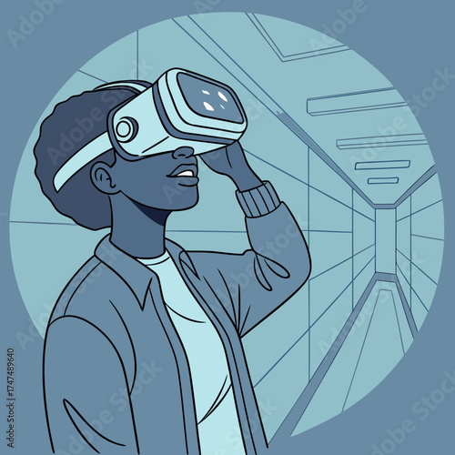 Illustration of a person using a virtual reality headset in a futuristic room