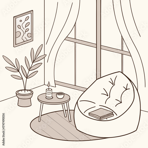 Relaxing room corner with bean bag chair, plant, and window line art style