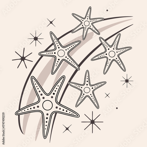 Stylized starfish illustration with shooting star on a beige background