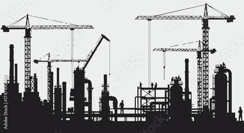 Silhouette of an industrial complex with towering cranes, illustrating construction and manufacturing processes against a bright background.
