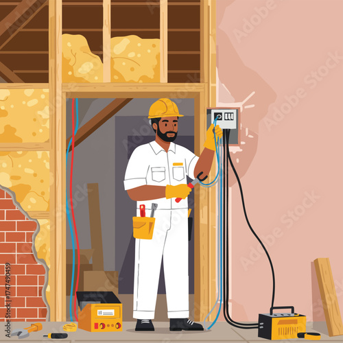 A skilled electrician, wearing a hard hat and gloves, carefully works with electrical wiring during a construction phase, ensuring safety standards.